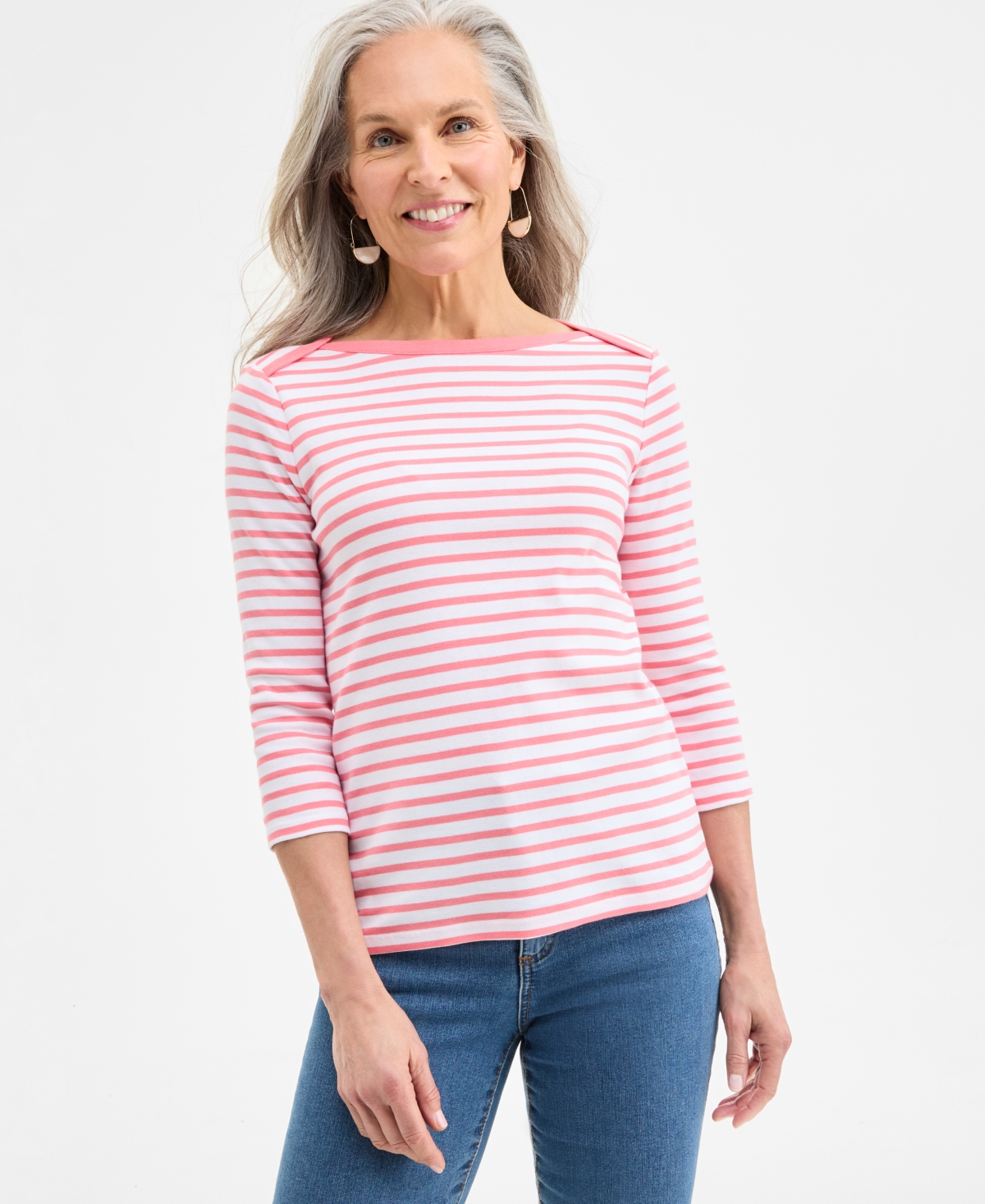 Shop Style & Co Women's Printed Pima Cotton 3/4-sleeve Top, Exclusively At Macy's In Washed Peach
