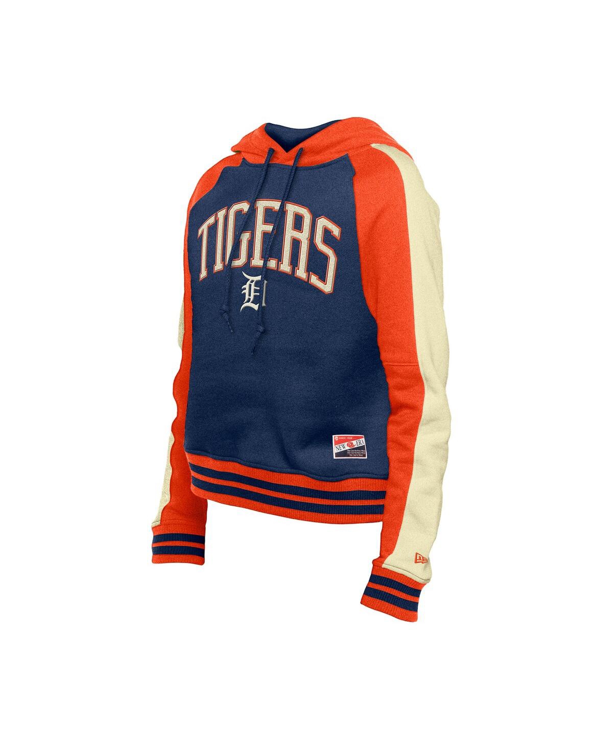 NEW ERA WOMEN'S NAVY DETROIT TIGERS COOPERSTOWN COLLECTION CROPPED RAGLAN PULLOVER HOODIE 