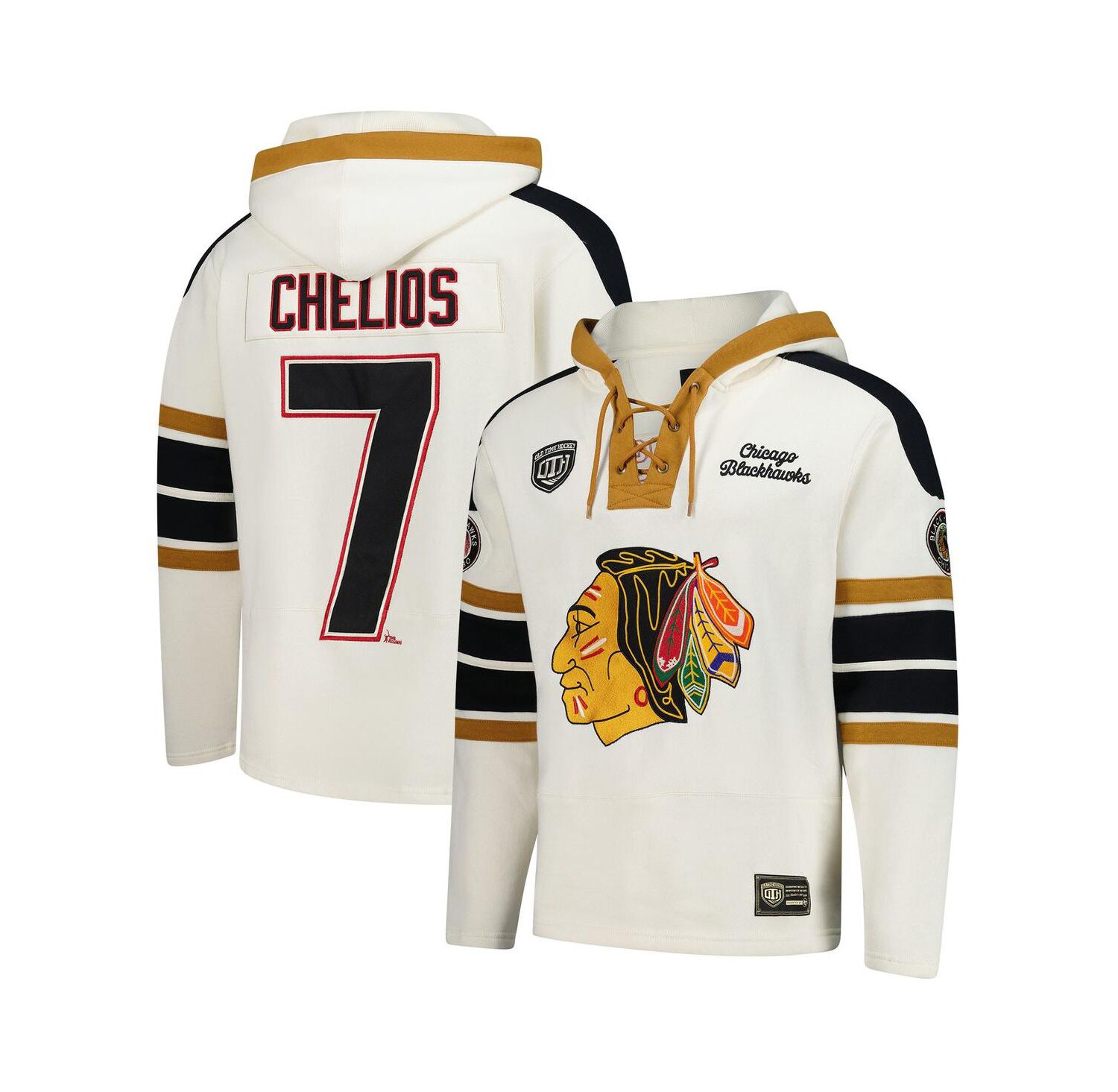 Men's Chris Chelios Cream Chicago Blackhawks Blue Line Heritage Name & Number Lace-Up Pullover Hoodie
