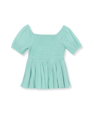 Girls Short Sleeve Smocked Woven Top