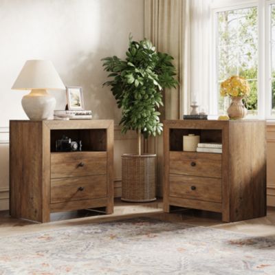 Farmhouse NightStand with 2 Drawers Storage, Mid-Century Retro End Table, Wide Bedside Night Stand