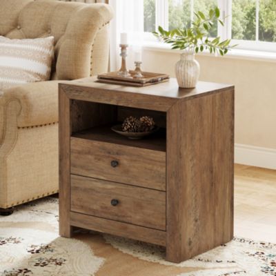 Farmhouse NightStand with 2 Drawers Storage, Mid-Century Retro End Table, Wide Bedside Night Stand