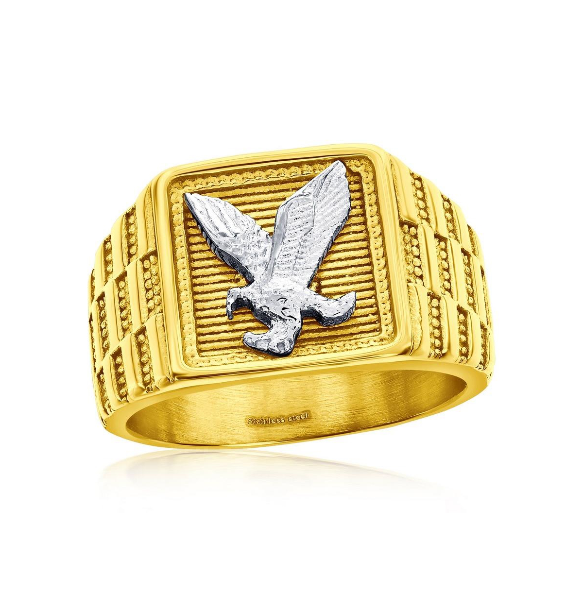 Stainless Steel, Square Textured, Eagle Design Ring - Gold Plated - Gold