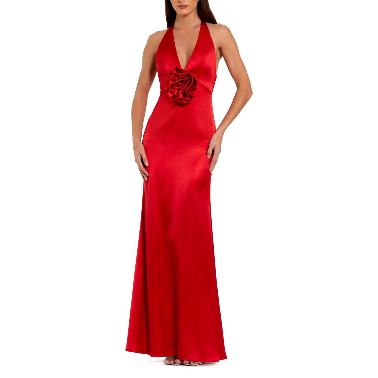 Women's Fitted Satin Sleeveless Halter Gown With 3D Flower