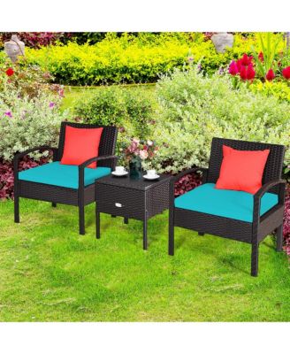 3 Piece Outdoor Rattan Conversation Furniture Set w/  Cushion & Storage Table