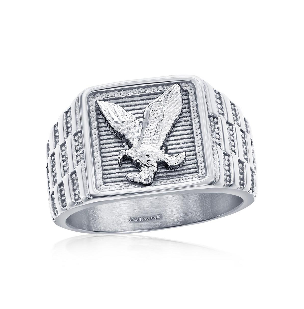 Stainless Steel, Square Textured, Eagle Design Ring - Silver