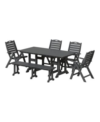 6-Piece HDPE Rectangular Patio Dining Table Set with Foldable Chairs and Patio Bench
