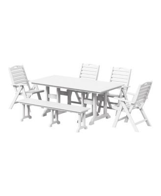 6-Piece HDPE Rectangular Patio Dining Table Set with Foldable Chairs and Patio Bench