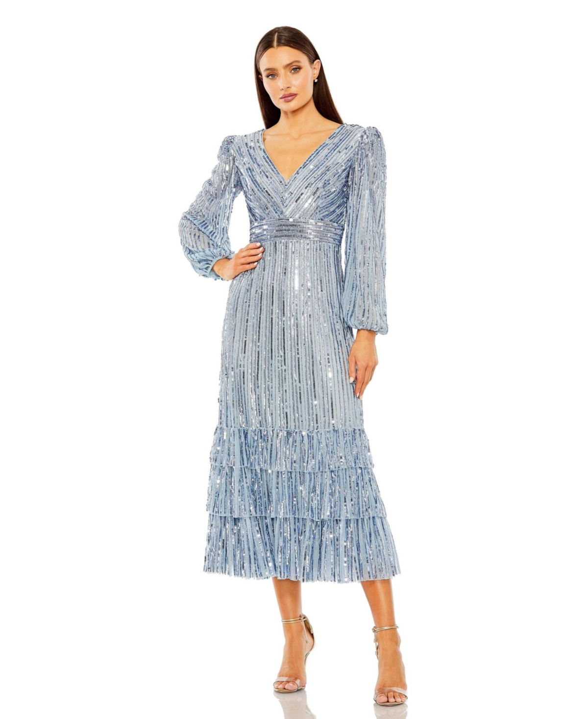 Women's Long Sleeve Deep V Tiered Ruffle Sequin Dress - Slate blue