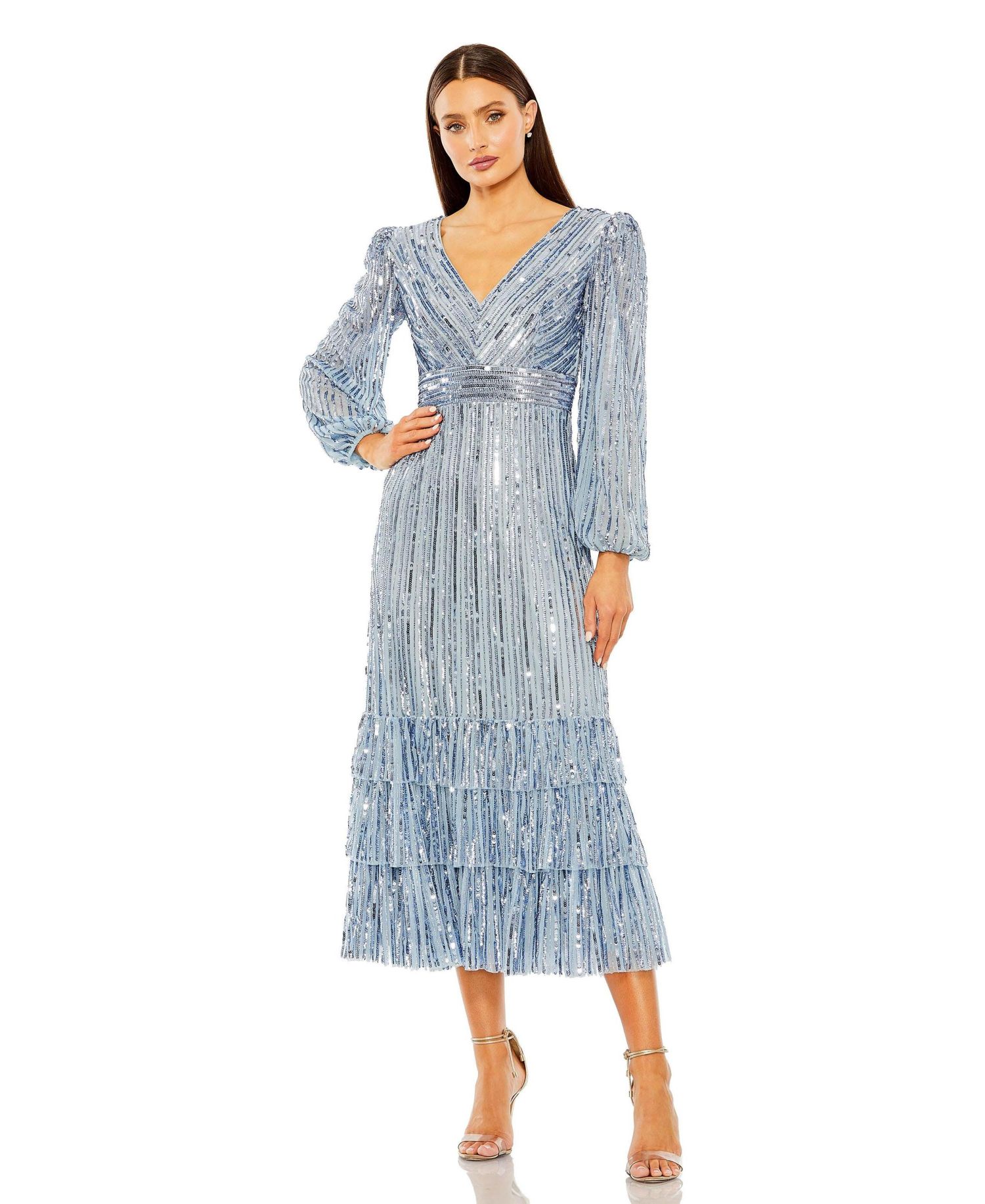 Women's Long Sleeve Deep V Tiered Ruffle Sequin Dress