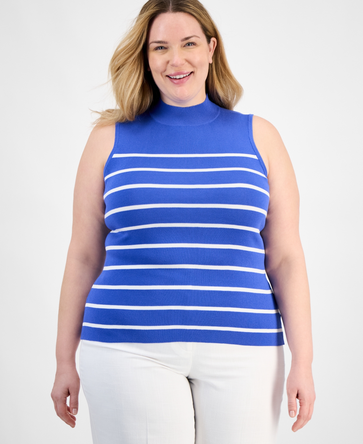 Plus Size Striped Sleeveless Sweater - Pacific Blue Ivory