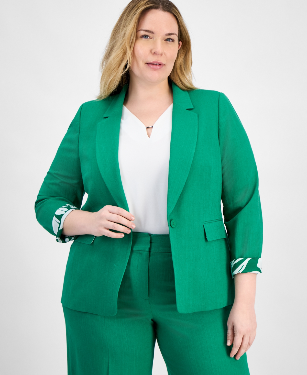TAHARI ASL PLUS SIZE PRINTED-CUFF 3/4-SLEEVE LINEN-BLEND BLAZER 