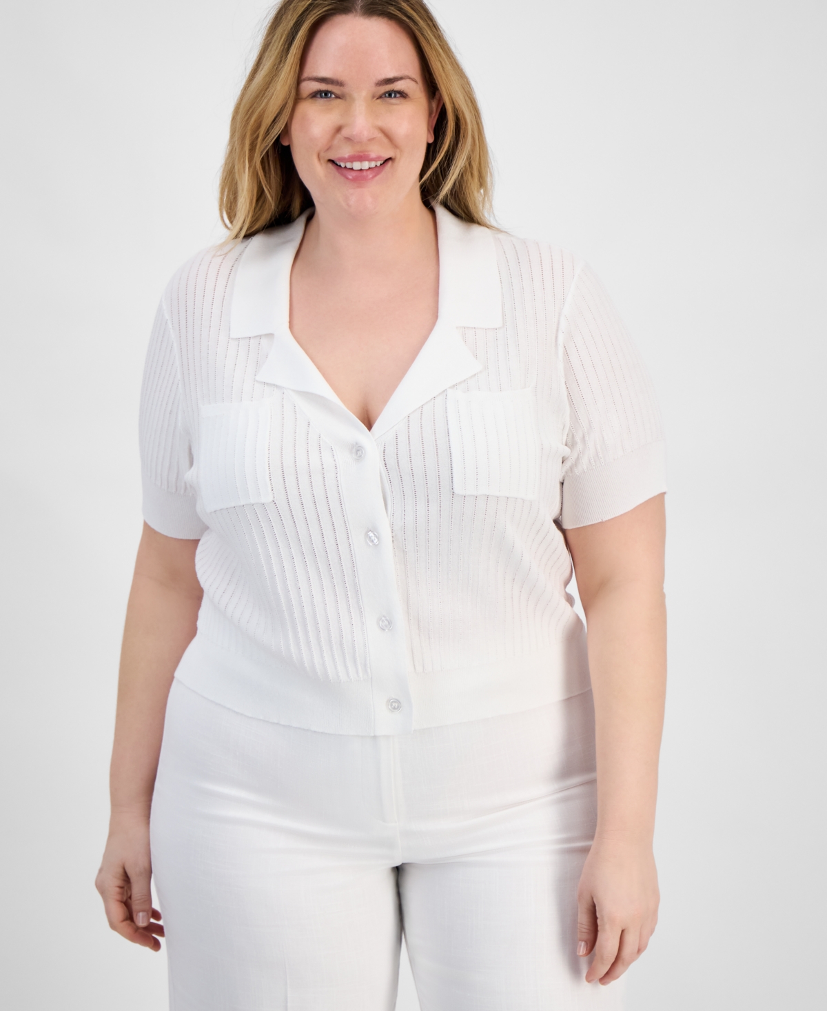 Tahari Asl Petite Stripe-textured Knit Button-front Top In White