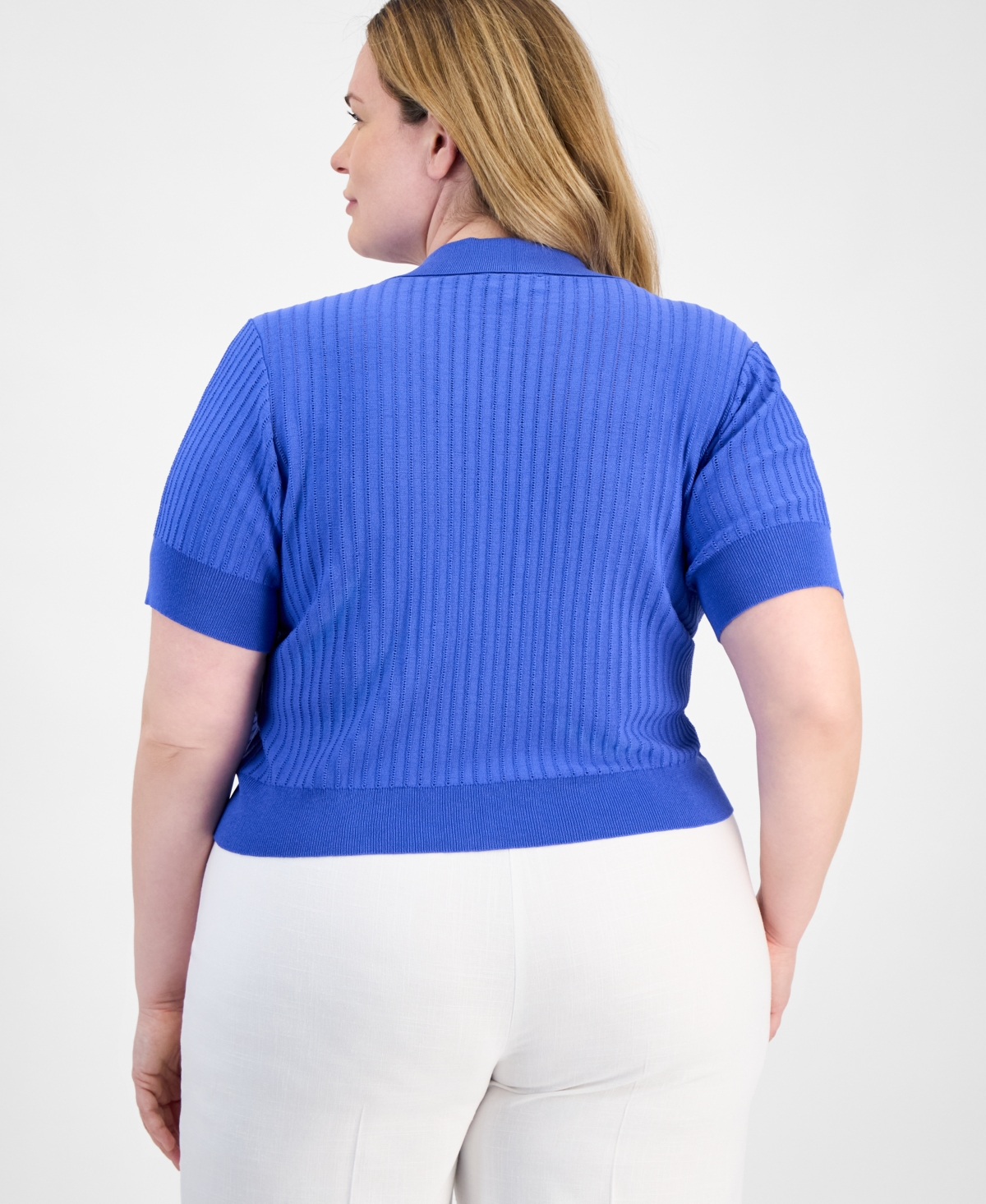 Tahari Asl Plus Size Short-sleeve Pointelle Cardigan In Pacific Blue