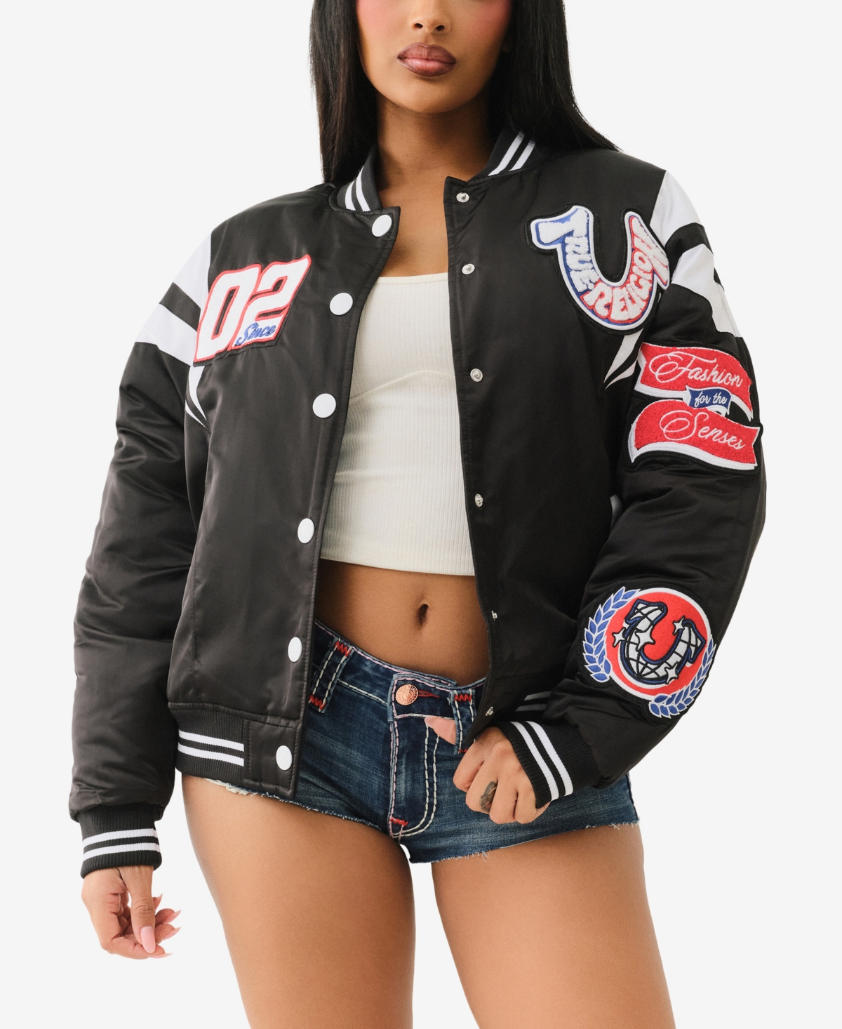 Women's Satin Oversized Varsity Bomber Jacket - Jet Black