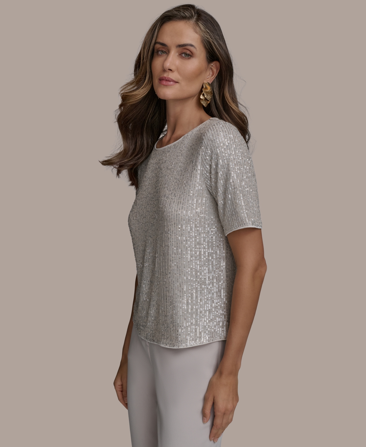Shop Donna Karan Women's Short-sleeve Sequin Blouse In Sisal