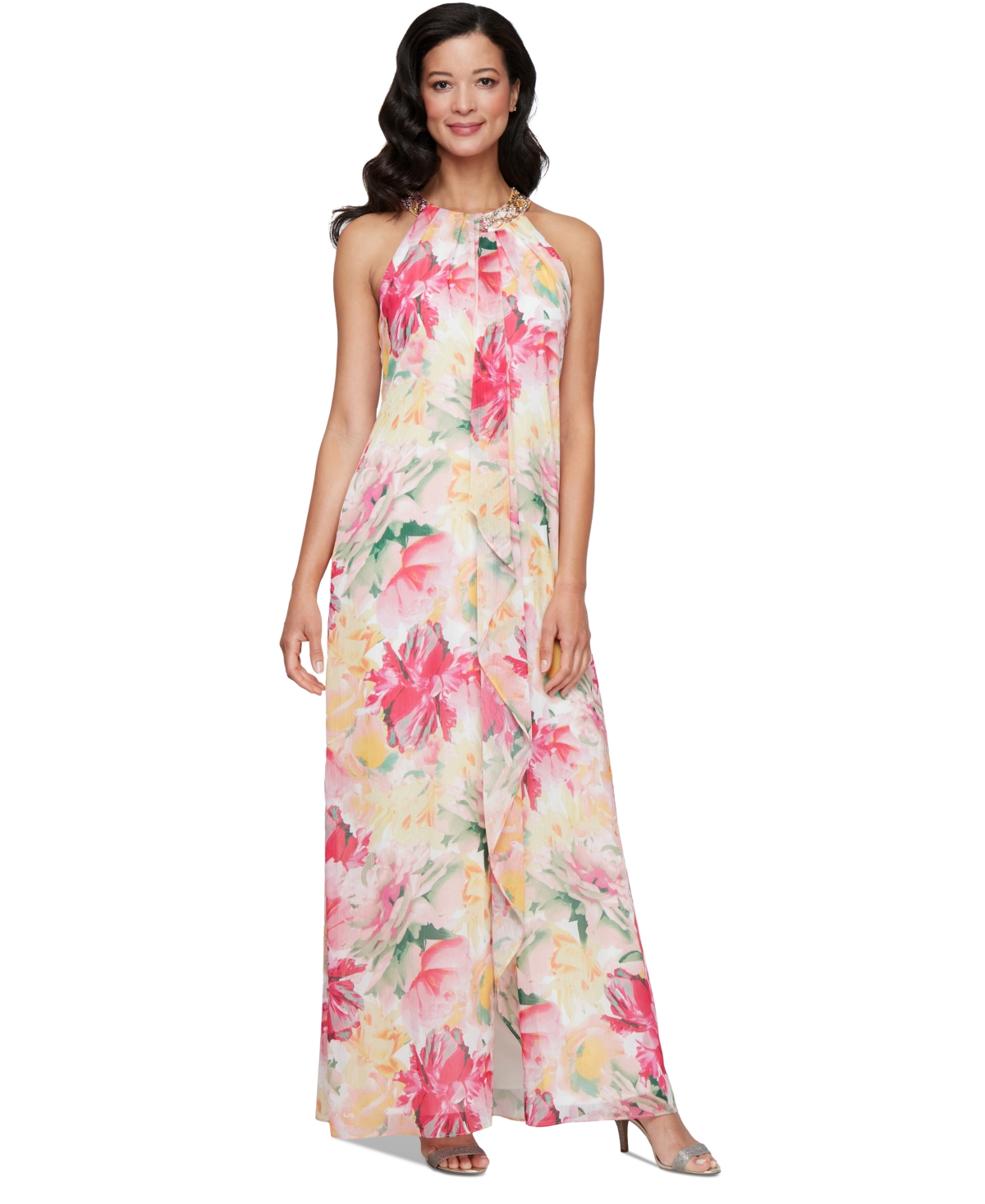 Shop Sl Fashions Women's Floral-print Beaded Halter Gown In Pink Multi