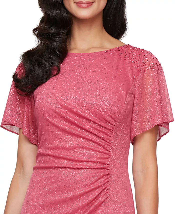 Plus Size Flutter-Sleeve Side-Ruched Glitter Gown - thumbnail 3