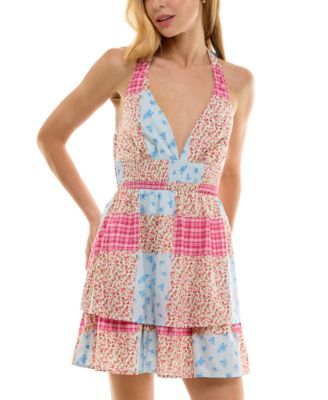 BEAUTY & GRACE - Juniors' Patchwork Halter Mini Dress