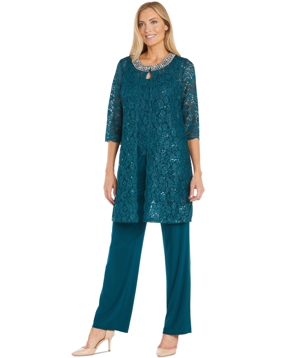 Women's Sequin Lace Jacket, Tank & Pants Set - Emerald