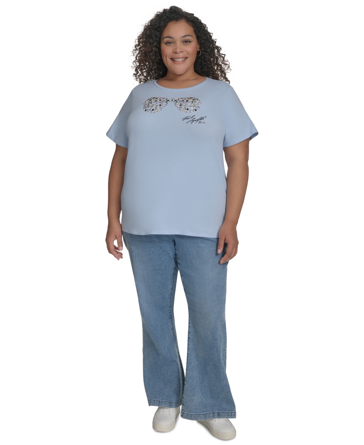 Karl Lagerfeld Plus Size Sunglass Graphic Logo T-shirt In Chambray Blue