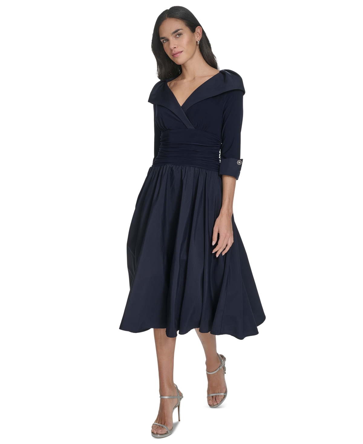 Jessica Howard Petite 3/4-sleeve Portrait-collar Fit & Flare Dress In Navy