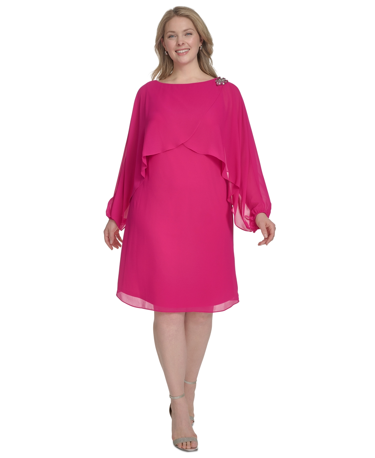 Jessica Howard Plus Size Embellished Capelet Dress In Fuchsia