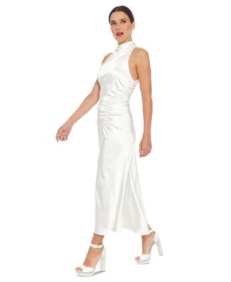 Petite Satin Side-Ruched Cowlneck Midi Dress