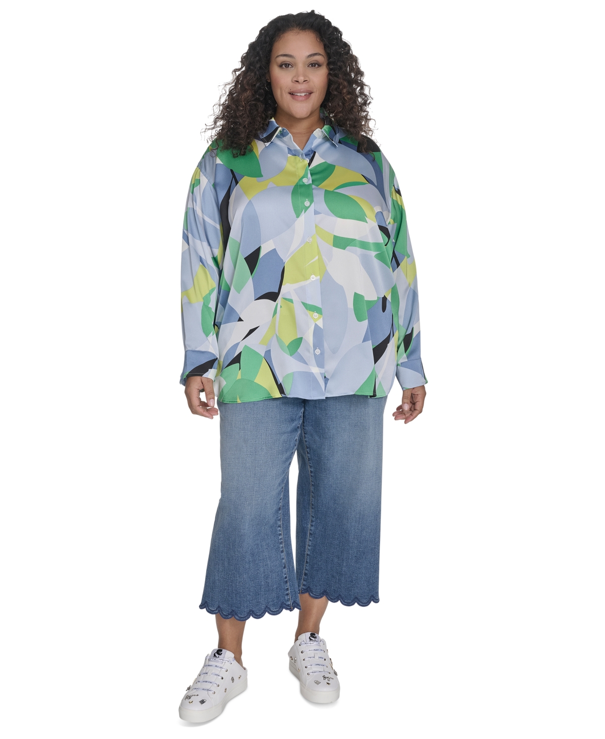 Karl Lagerfeld Plus Size Geometric Print Blouse In Flore Green Chambray Multi