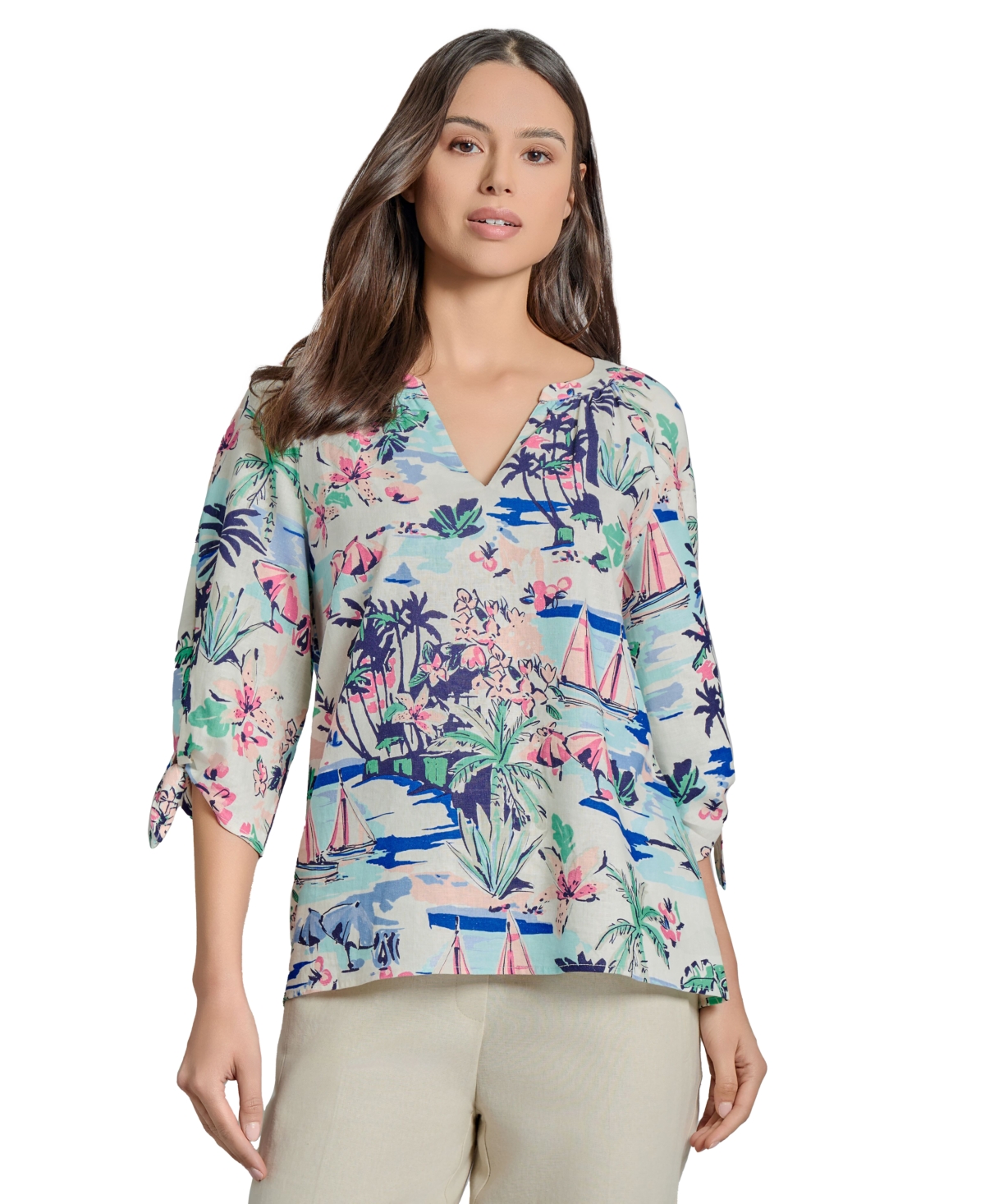Jones New York Beach Print Tie Sleeve Linen Blend Top In Blue