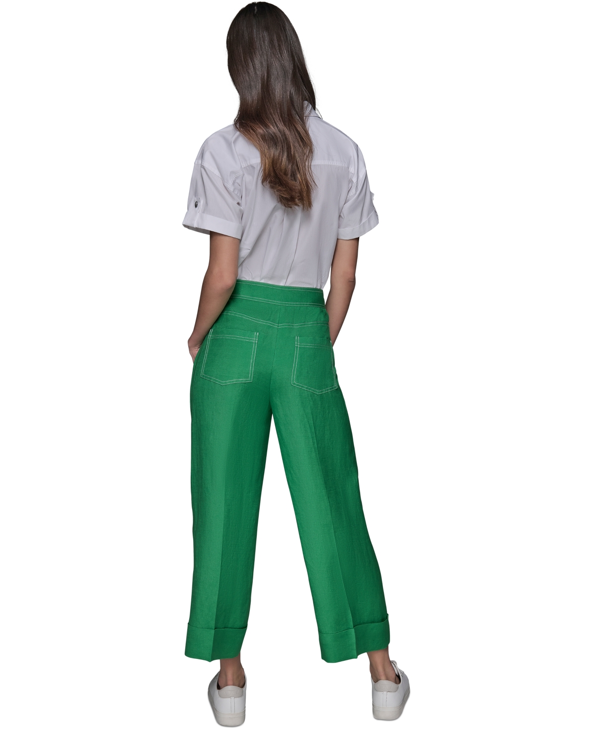 Karl Lagerfeld Petite Linen-blend Wide-leg Pants In Flore Green