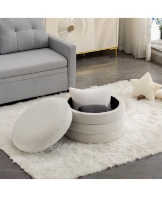 Round Velvet Storage Ottoman, 24" Upholstered Footstool, Makeup Stool, Bedroom Bench, Living Room Accent Seat