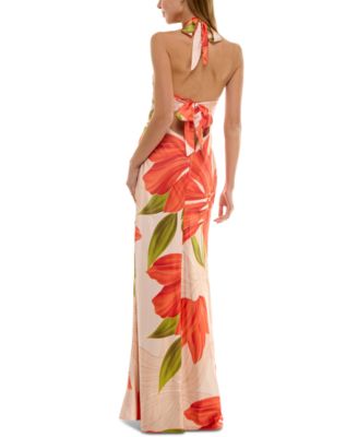 Juniors' Printed Halter-Neck Satin Long Dress