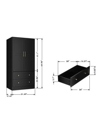 Shaker Style Classic Two-Door Wardrobe, Solid Wood Bedroom Armoire with Hanging Rod and Shelves