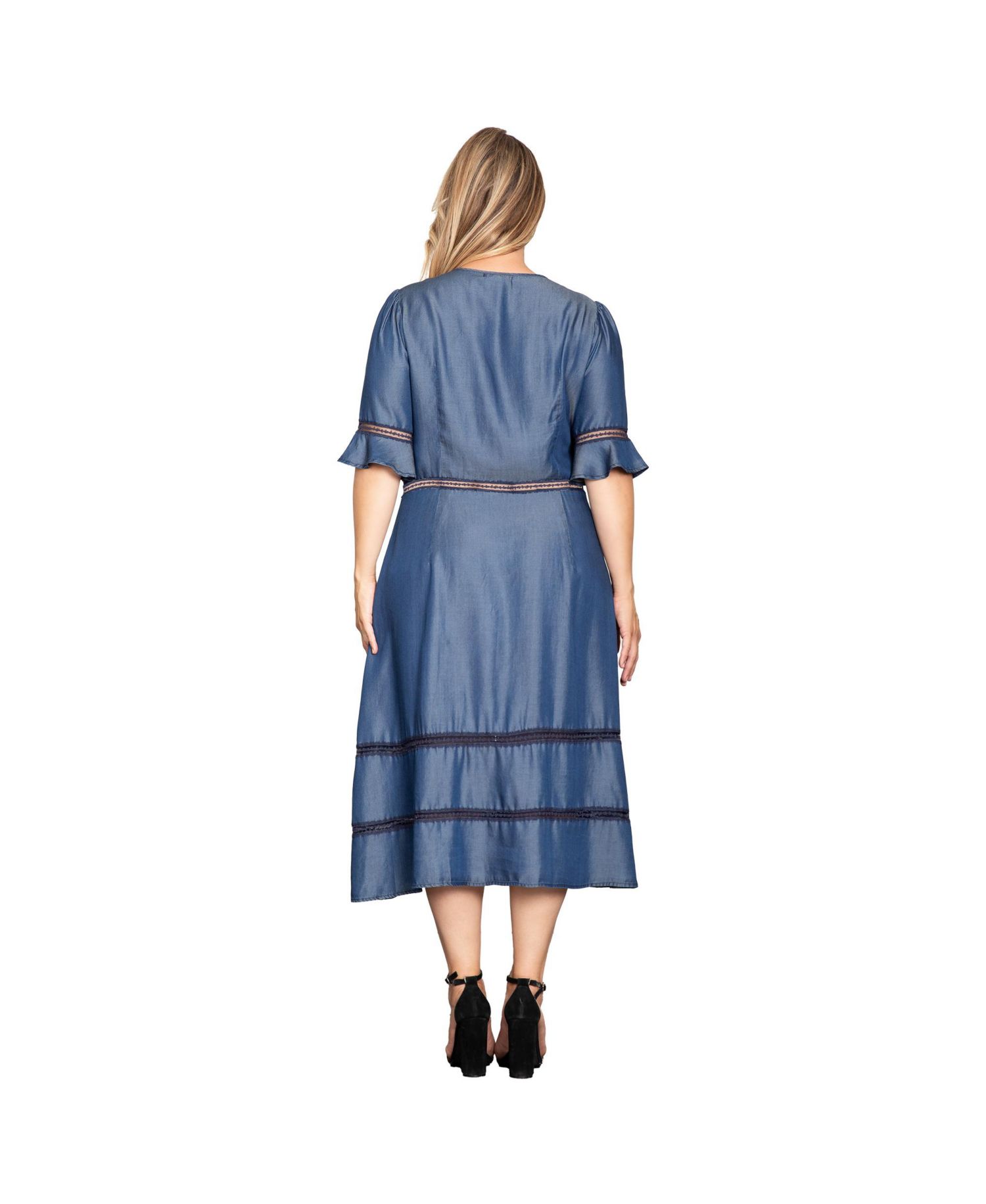 Women's Lace Detailing Trim Tencel Denim Midi Dress
