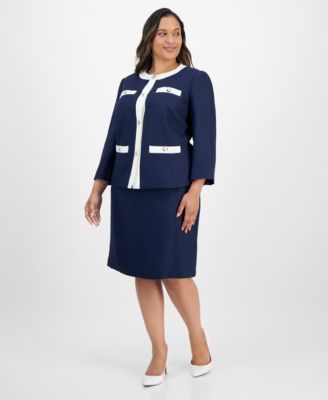 Le Suit - Plus Size Tipped 3/4-Sleeve Jacket And Skirt Suit