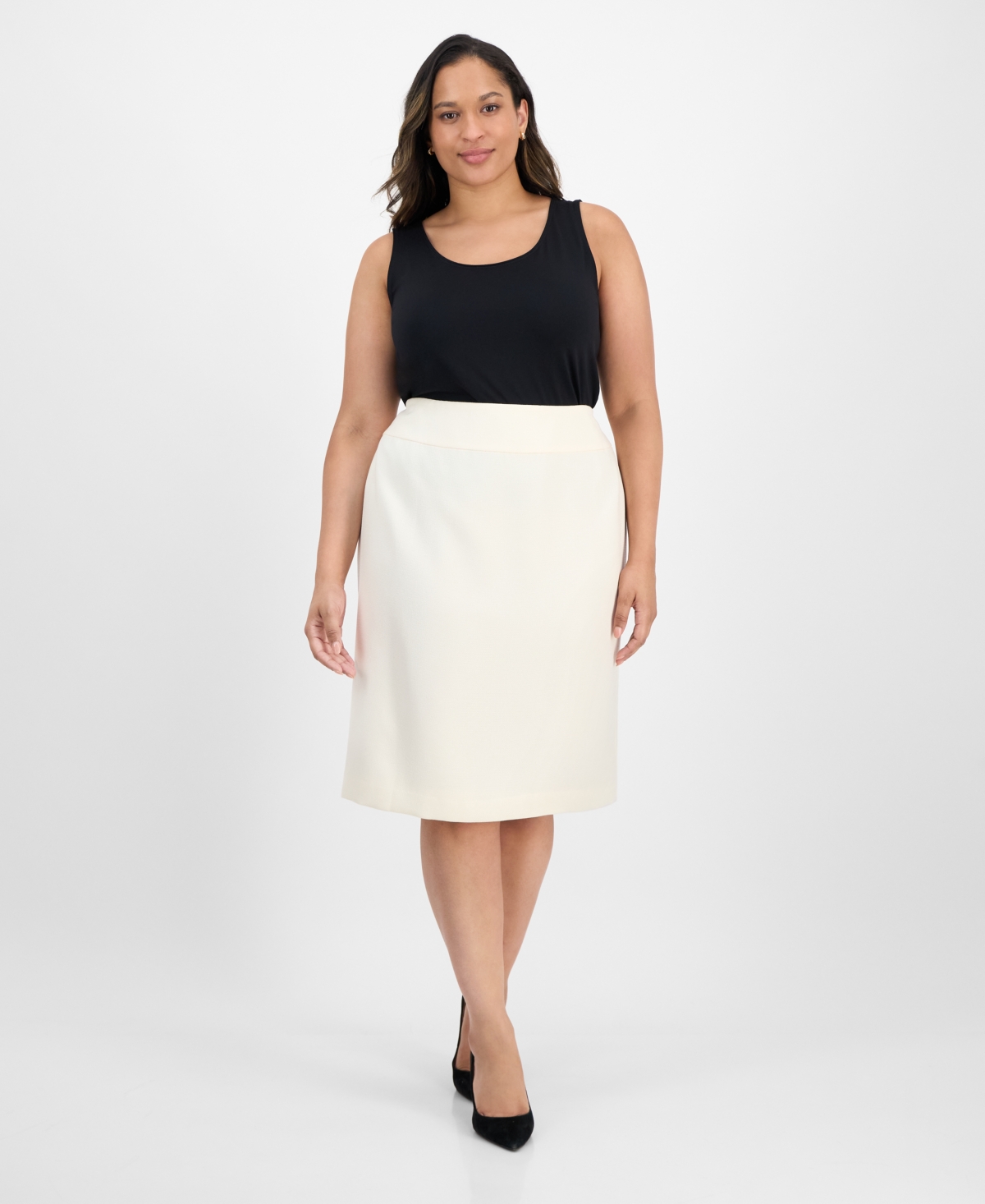 Le Suit Plus Size Tipped 3/4-sleeve Jacket And Skirt Suit In Neutral
