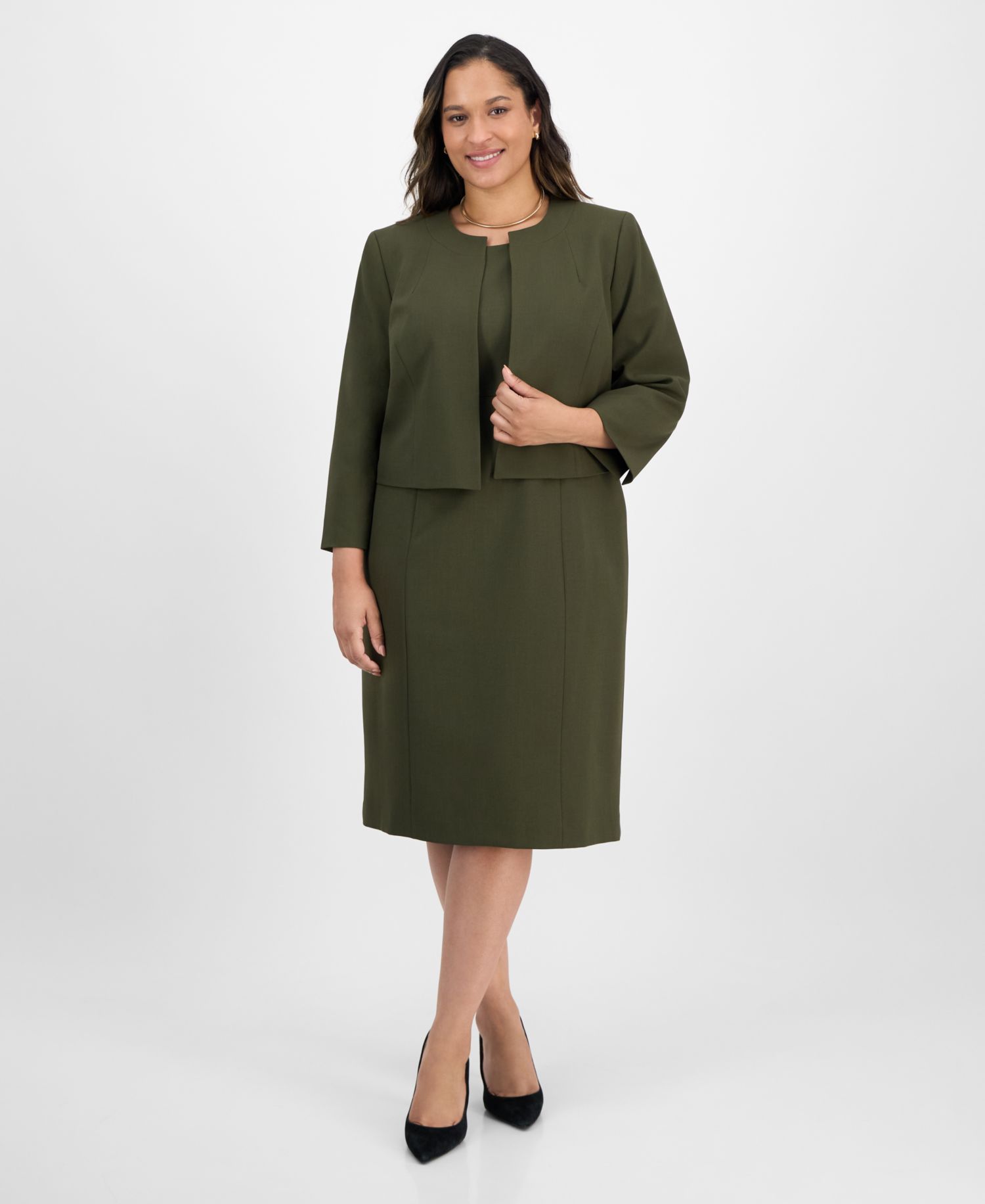 Plus Size Open-Front Collarless Jacket and Sheath 2 Piece Dress Suit