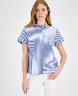 Tommy Hilfiger - Women's Cotton Striped Cuffed-Sleeve Shirt