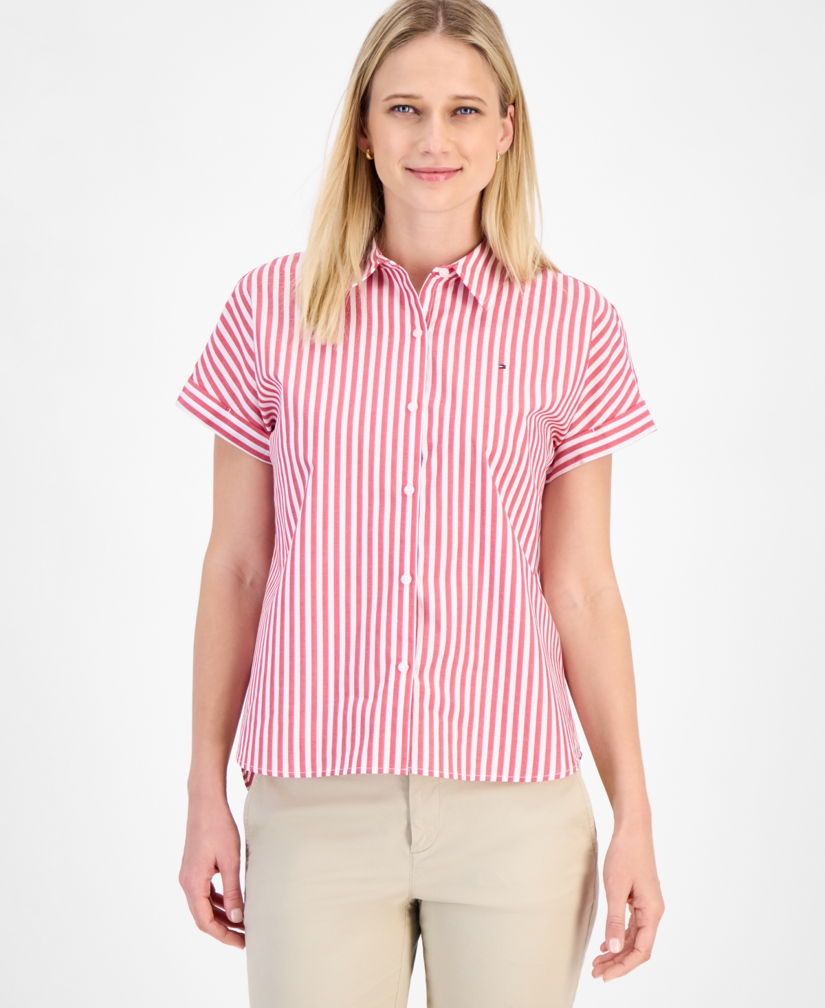 Tommy Hilfiger Women's Cotton Striped Cuffed-sleeve Shirt