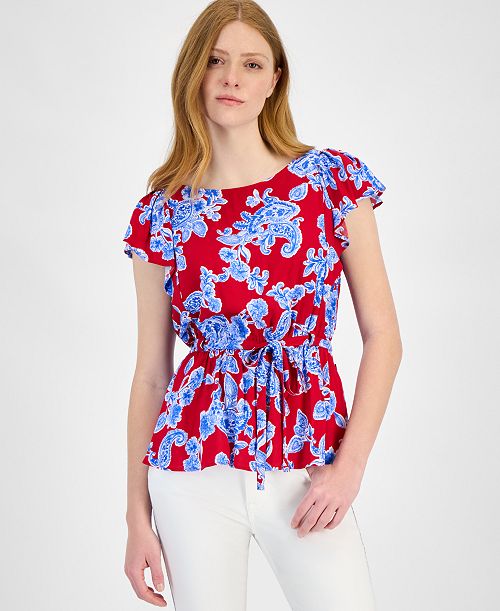 alfani Tommy Hilfiger Women's Printed Ruffled-Sleeve Peplum Top Women's Fashion Shoes & Accessories