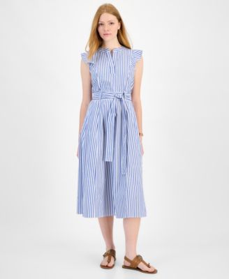 Tommy Hilfiger - Women's Cotton Striped Ruffled Midi Dress