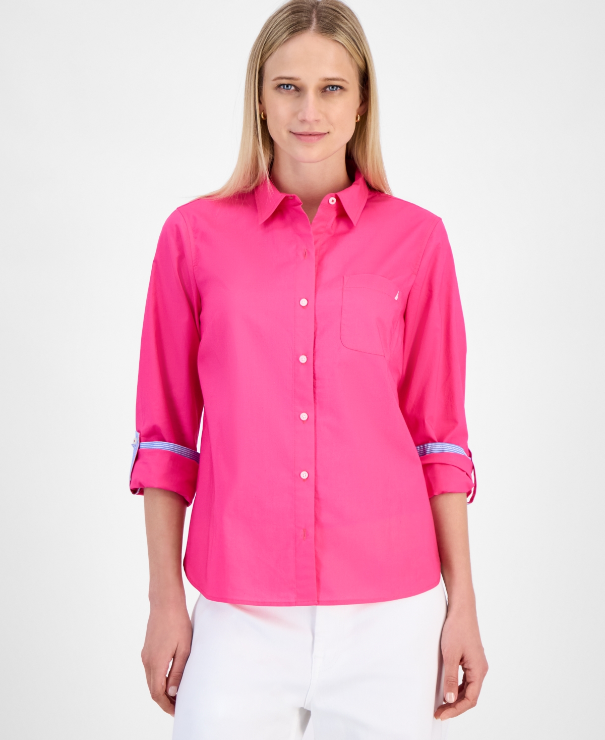 Nautica Jeans Women's Cotton Roll-tab Button Shirt
