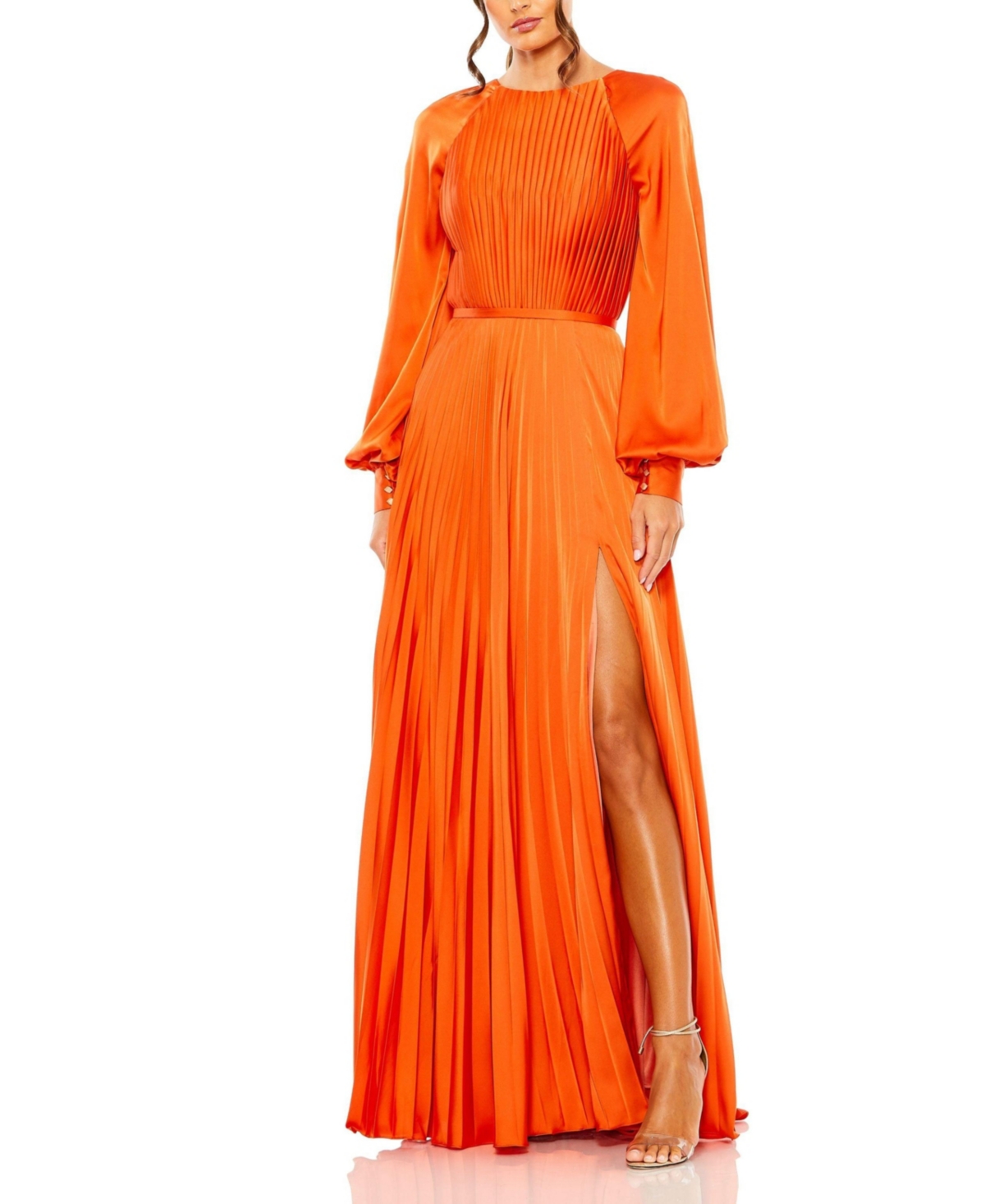 Mac Duggal Women's Pleated High Neck Raglan Long Sleeve Side Slit Gown