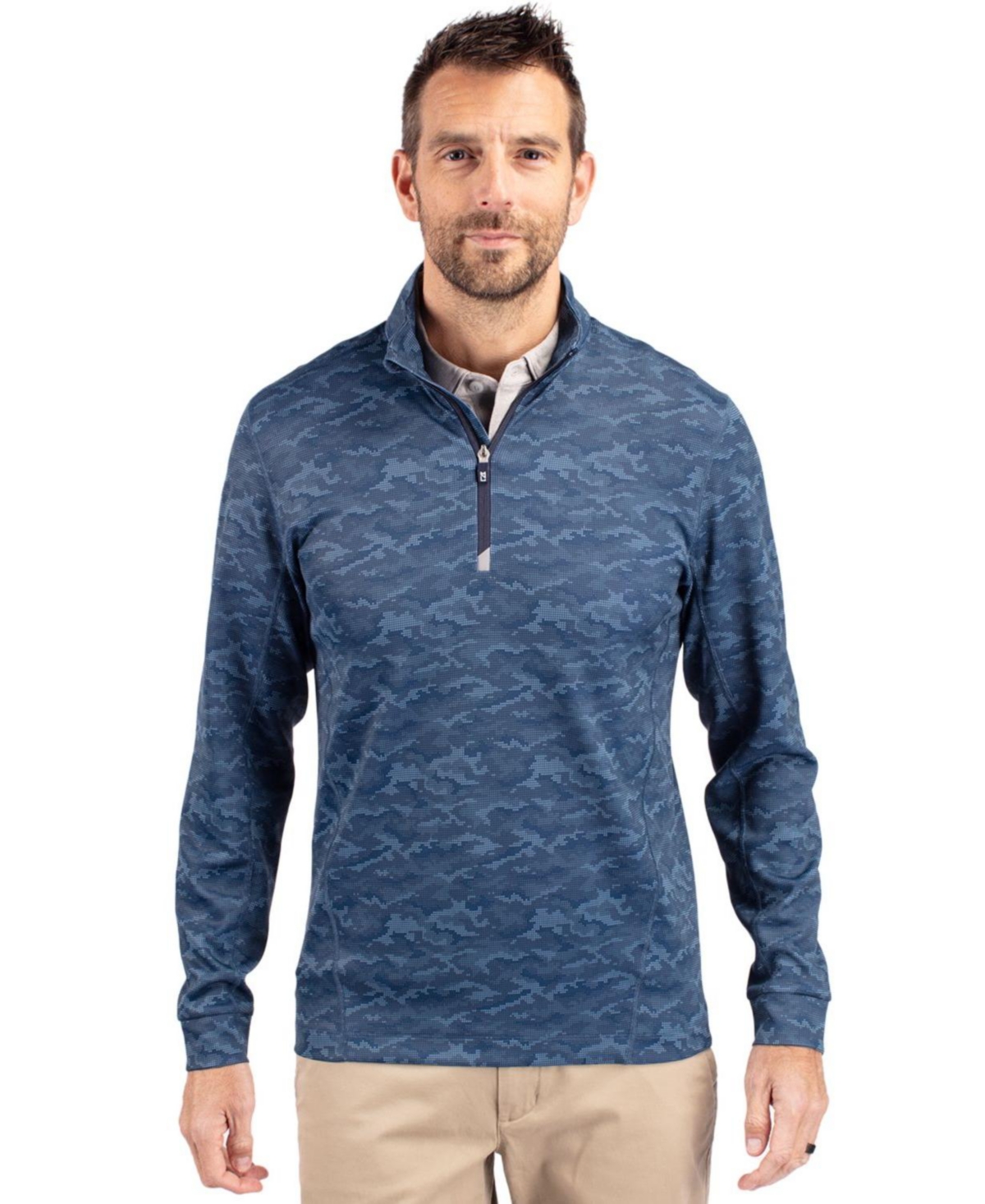 Big & Tall Traverse Camo Print Stretch Quarter Zip Pullover Jacket - Navy blue