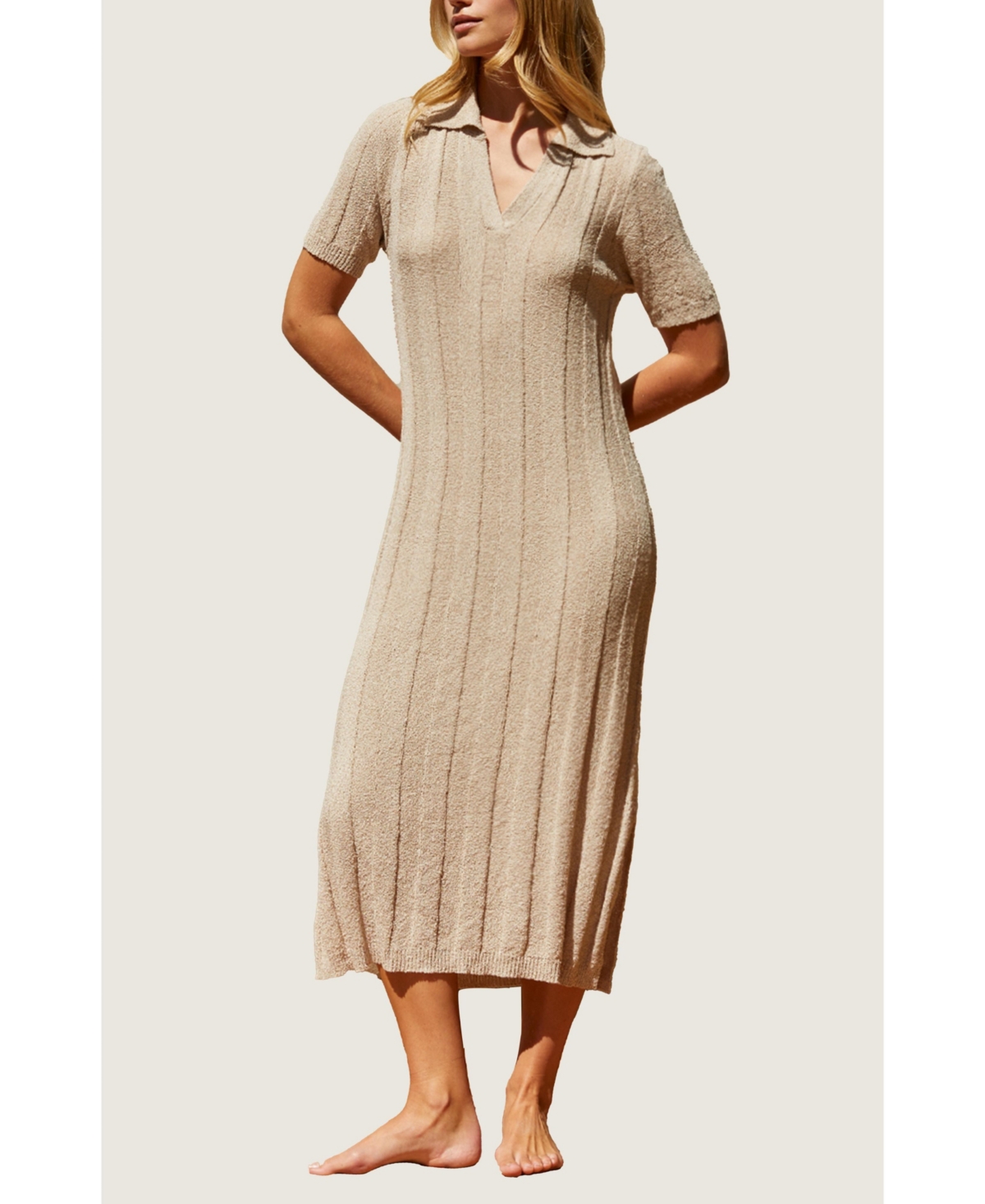 Women's Edie Ribbed Sweater Knit Polo Dress - Light/pastel brown + taupe