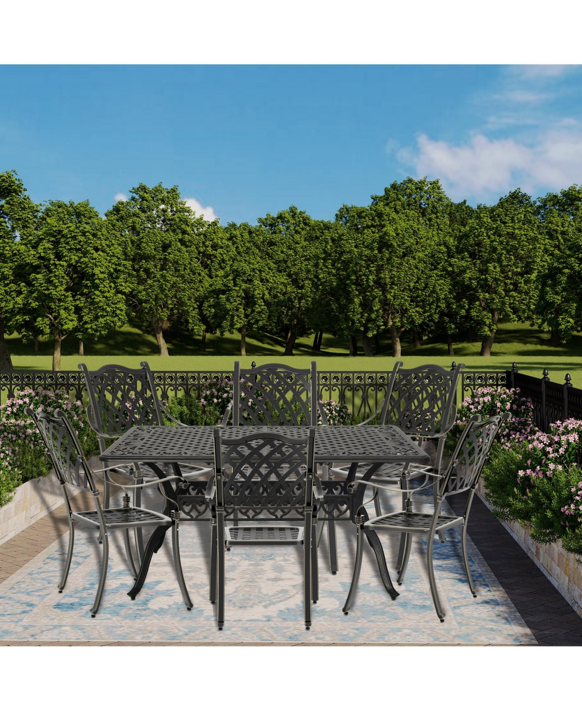 7pcs Cast Aluminium Outdoor Dining Set Patio Dining Set Patio Bistro Set 6 Outdoor Dining Chairs and 59 Inches Rectangular Dining Table for Balcony Po