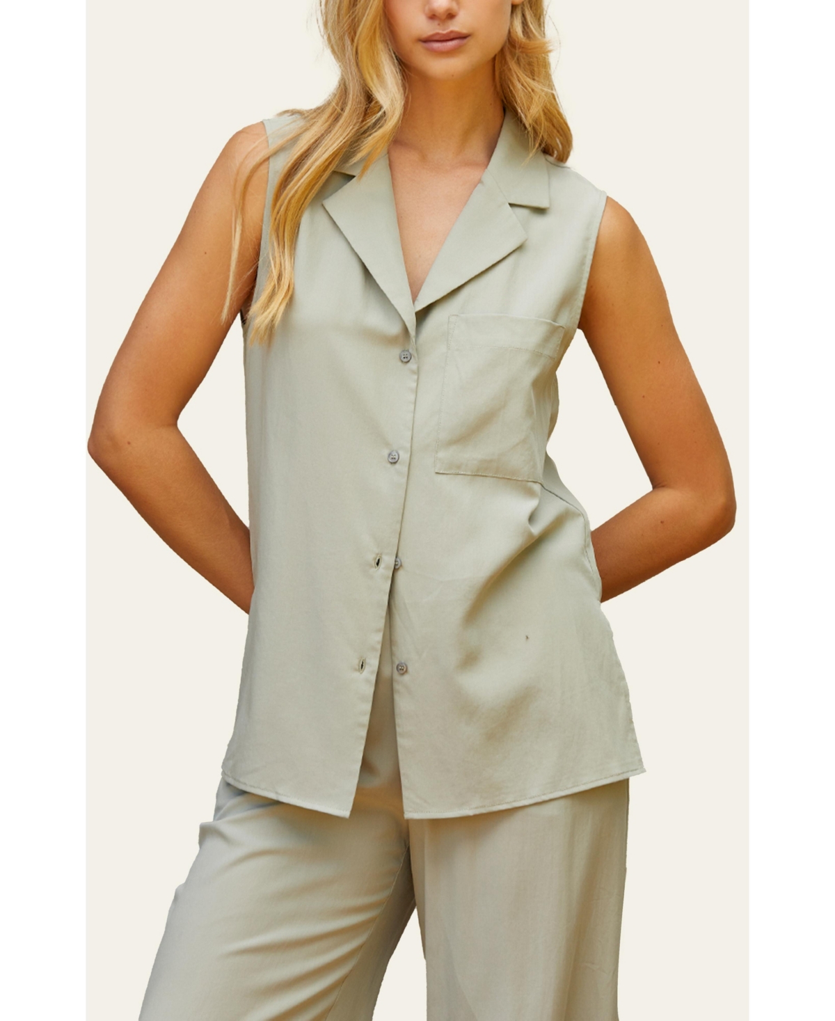 Women's Lisa Sleeveless Button Up Tee - Light/pastel green + eucalyptus