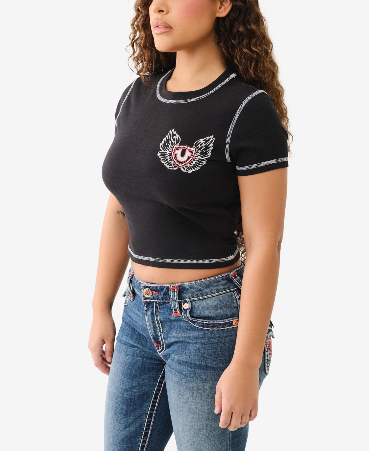 TRUE RELIGION WOMEN'S SS CONTRAST STITCH WING BABY CREWNECK T-SHIRT 