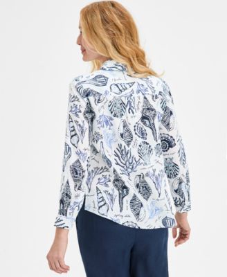 売れ筋商品|||チャータークラブ カットソー トップス レディース Petite Linen Printed Roll-Tab-Sleeve Blouse, Exclusively at Macy's Bright White Charter Club Petite Linen Printed Roll-Tab-Sleeve Blouse